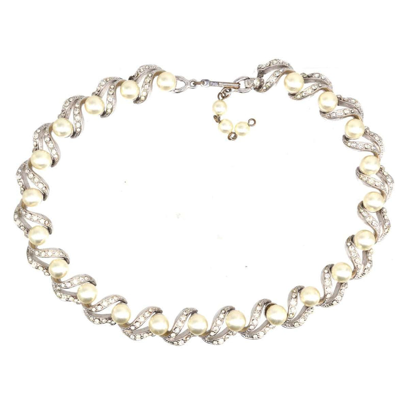 1950s Silvertone Faux Pearl & White Paste Necklace