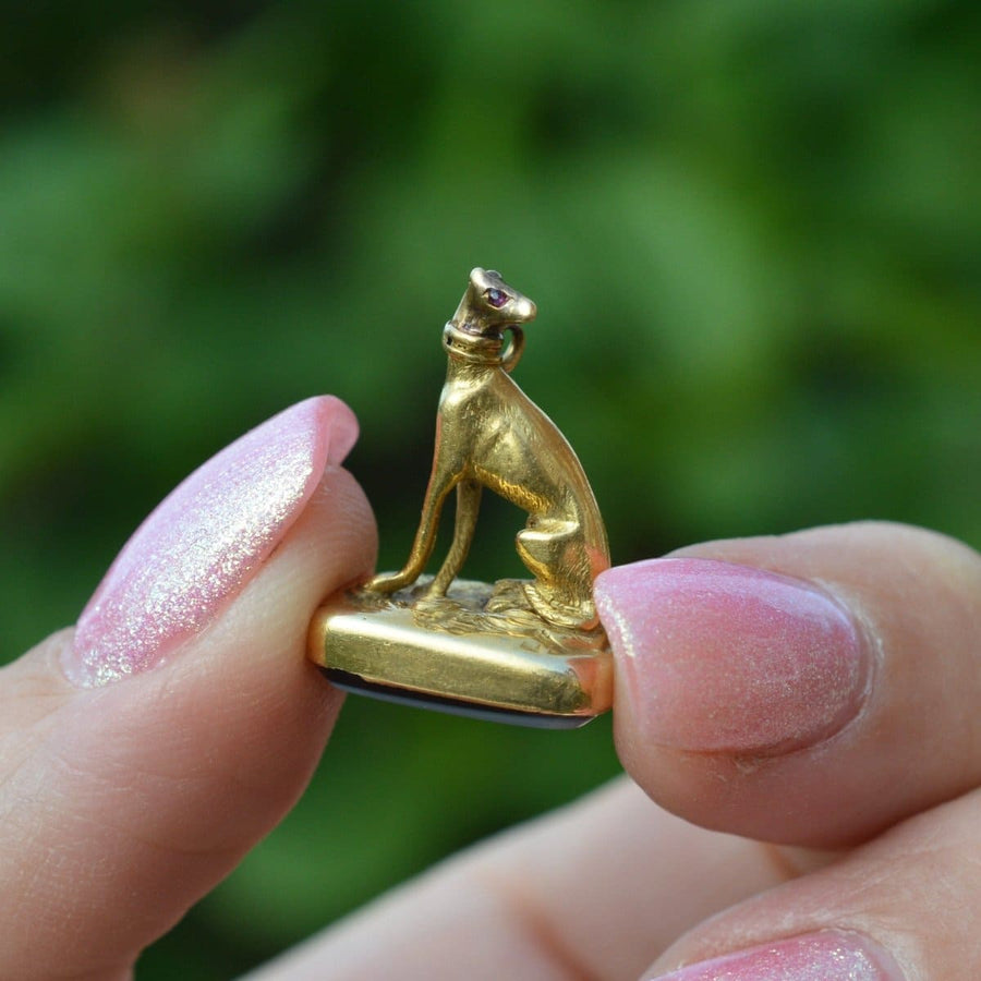 19th Century 15ct Gold Whippet / Greyhound Dog Pendant with a Sardonyx Seal Fob | Parkin and Gerrish | Antique & Vintage Jewellery