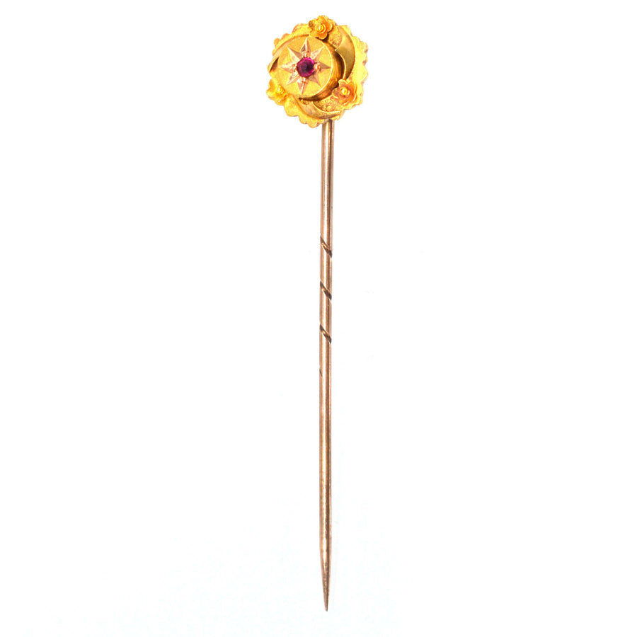 Victorian 15ct Gold Ruby Star Tie Pin with Floral Details