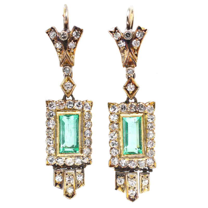 Boucles d'oreilles pendantes Art déco en or 18 carats, émeraude et diamants