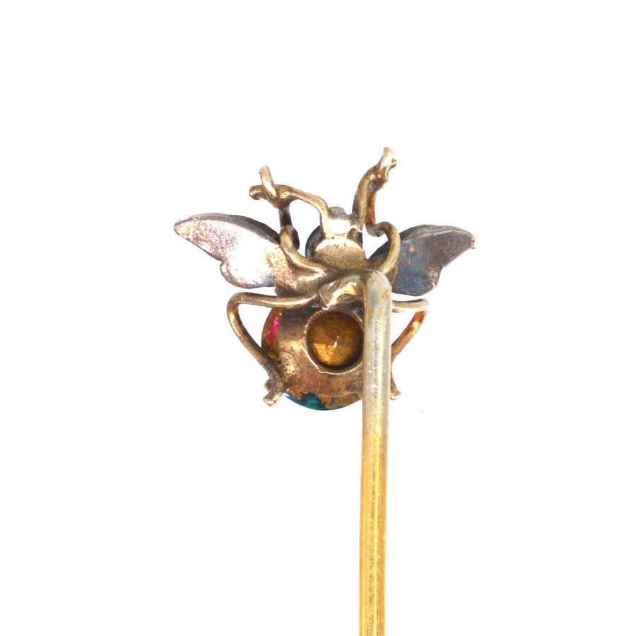 Late 19th Century Silver & Gold Fly Bug Tie Pin with Iris Glass, Seed Pearls & Paste