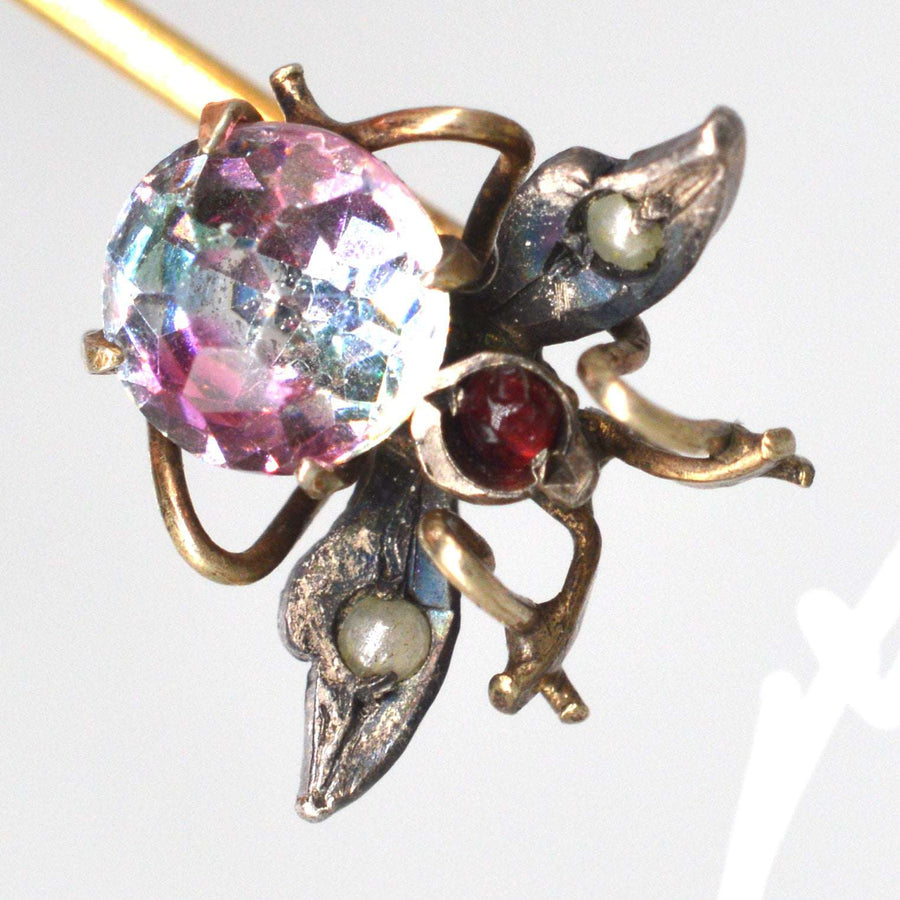 Late 19th Century Silver & Gold Fly Bug Tie Pin with Iris Glass, Seed Pearls & Paste