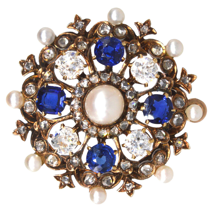 Victorian 18ct Gold Diamond, Sapphire and Natural Pearl Brooch/Pendant