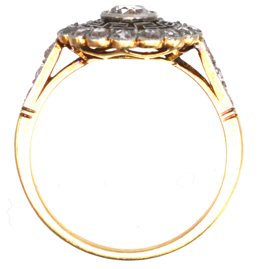 Art Deco 18ct Gold and Platinum Target Diamond Ring with Greek Key Details