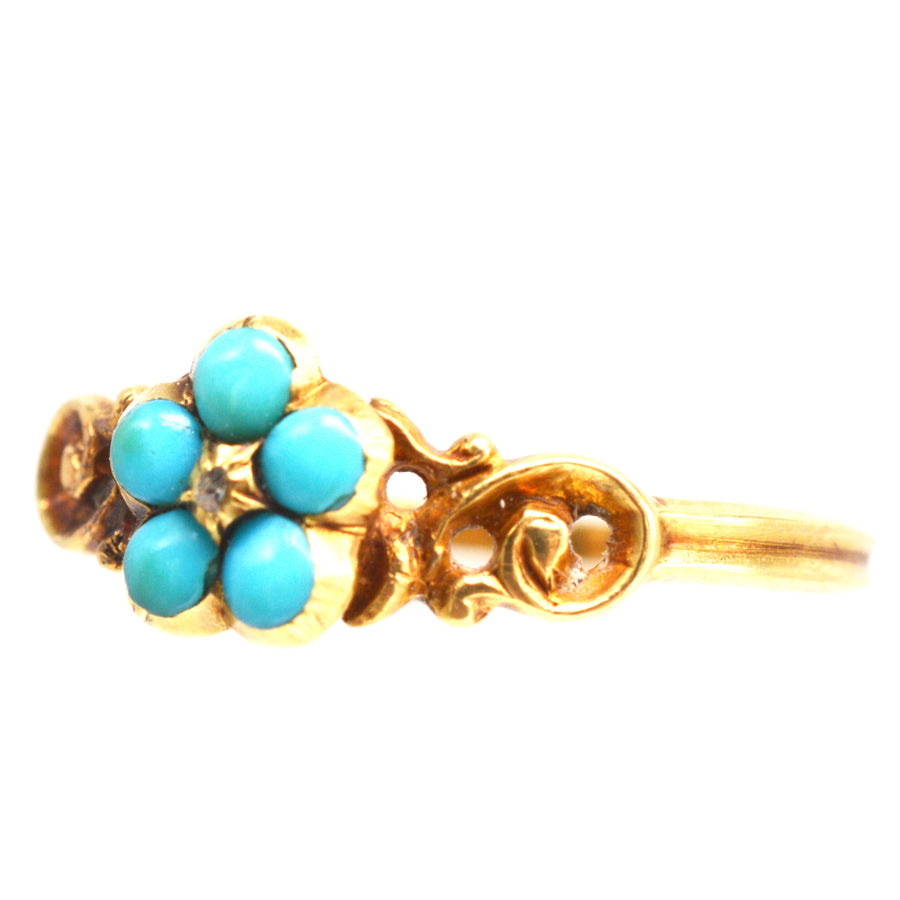 Georgian William IV 18ct Gold Forget me Not Turquoise and Diamond Cluster Ring