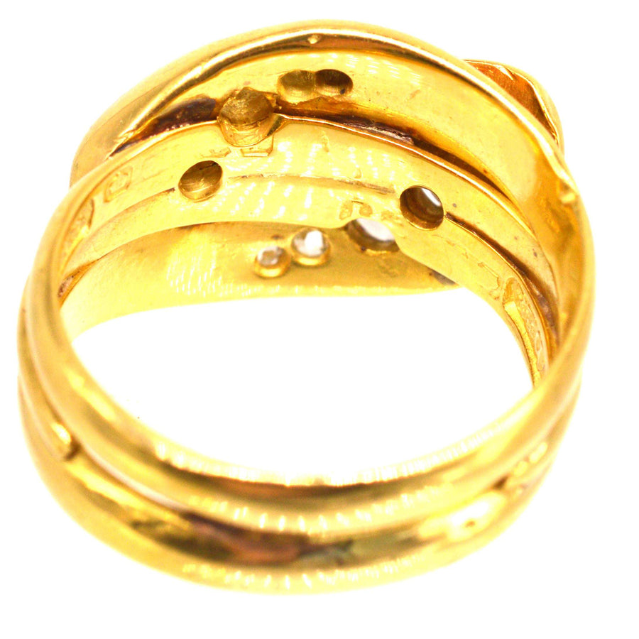 Victorian 18ct Gold Double Snake Ring Set with Diamonds and Ruby Eyes