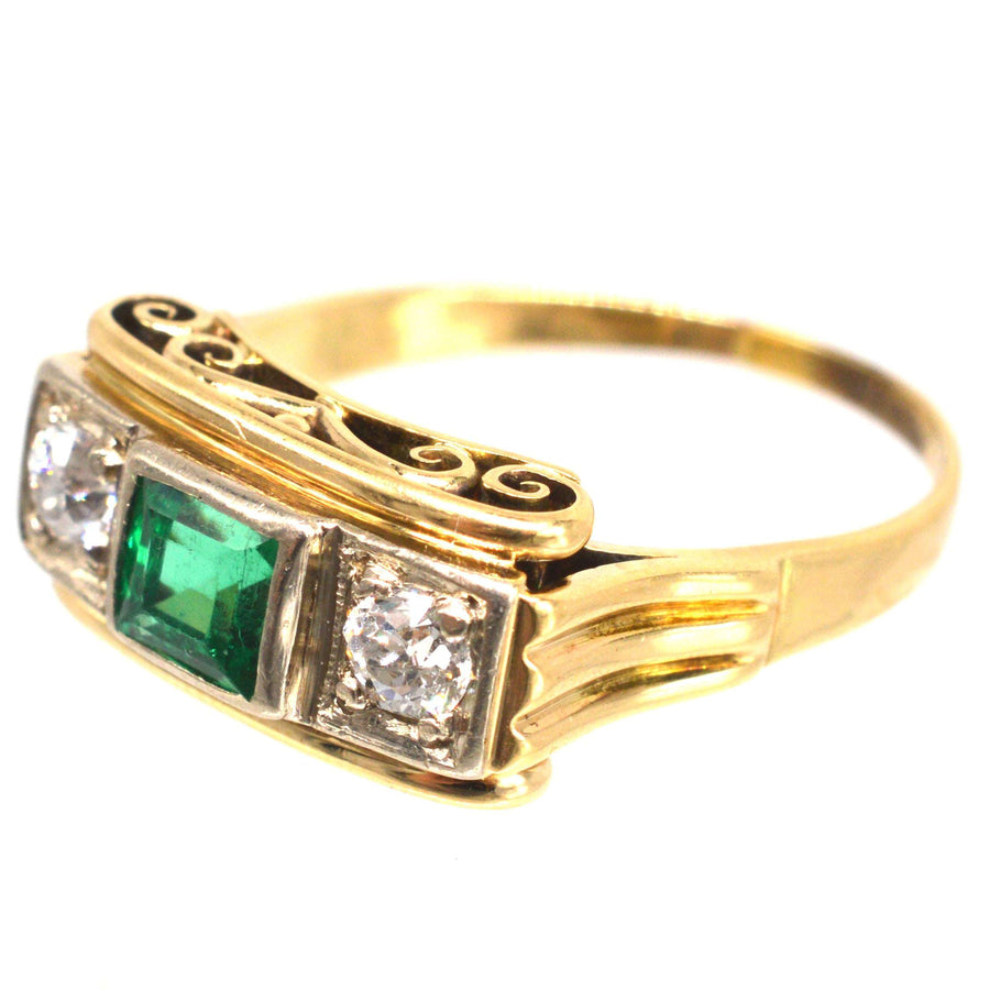 Retro 14ct Gold Emerald and Diamond Ring with Scrollwork Gallery