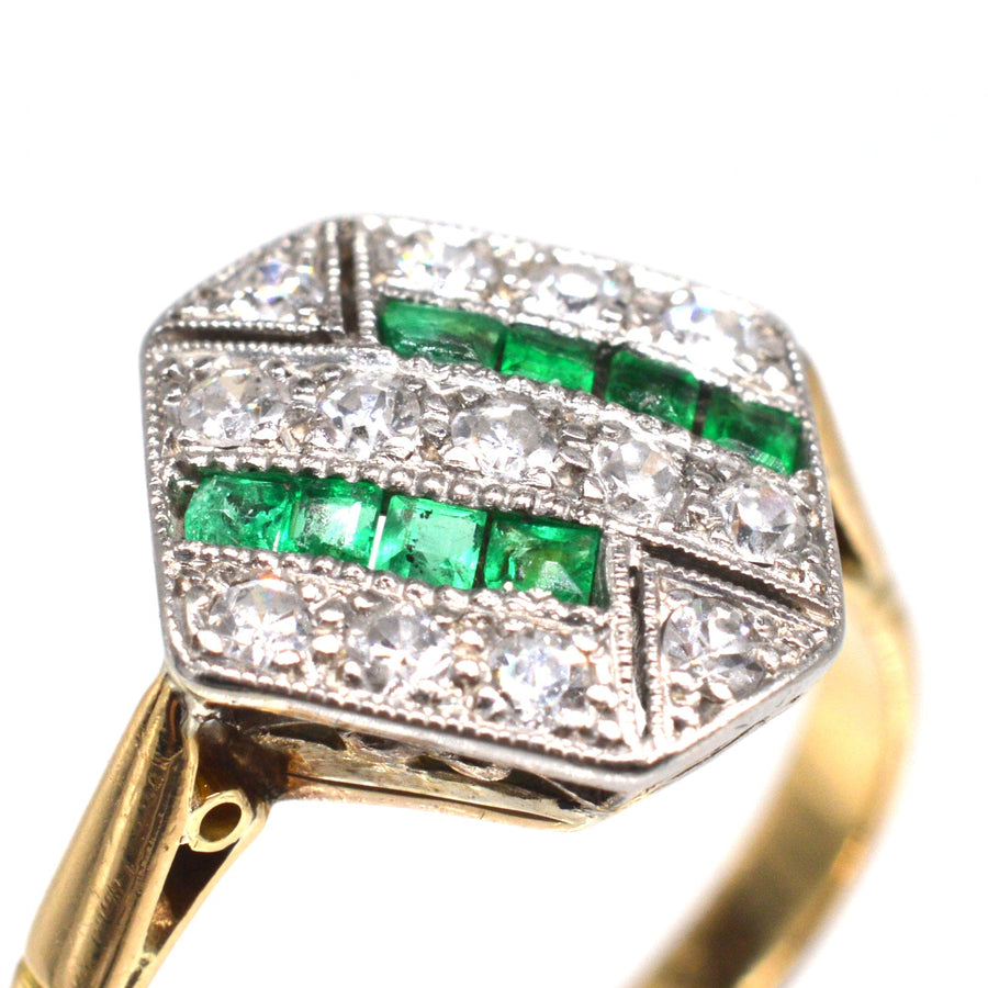 Art Deco 18ct Gold & Platinum, Emerald & Diamond Hexagonal Ring