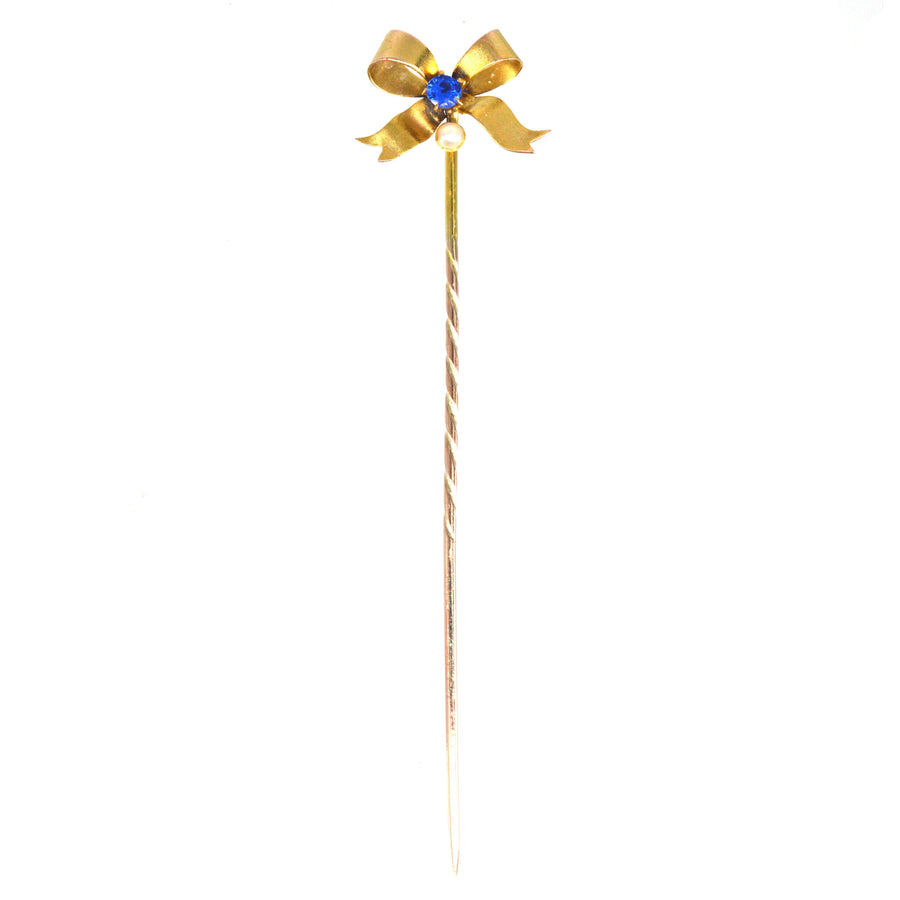 Edwardian 9ct Gold Bow, Synthetic Sapphire and Pearl Tie Pin