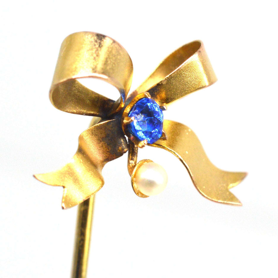 Edwardian 9ct Gold Bow, Synthetic Sapphire and Pearl Tie Pin