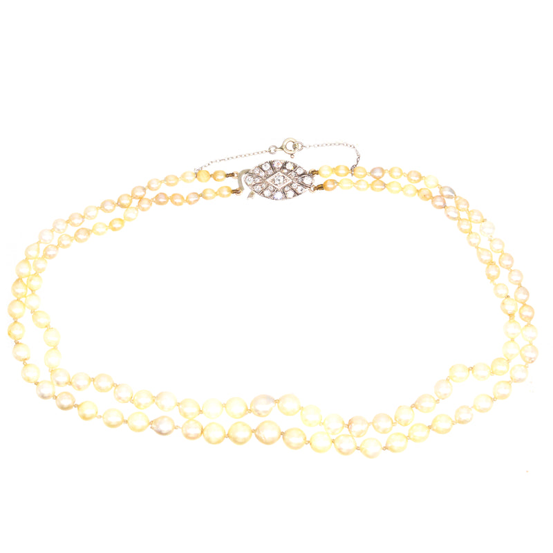 Art Deco Double-Strand Cultured Saltwater Pearl Necklace with Diamond Clasp