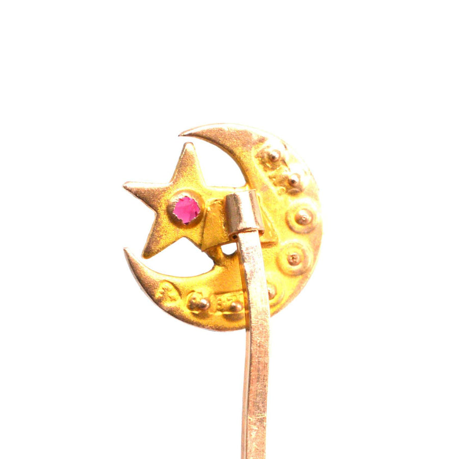 Victorian 9ct Gold Star and Crescent Moon Tie Pin with Seed Pearls and Ruby