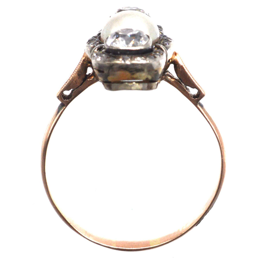 Edwardian Silver and 15ct Gold Old Mine Cut Diamond and Natural Pearl Three Stone Ring