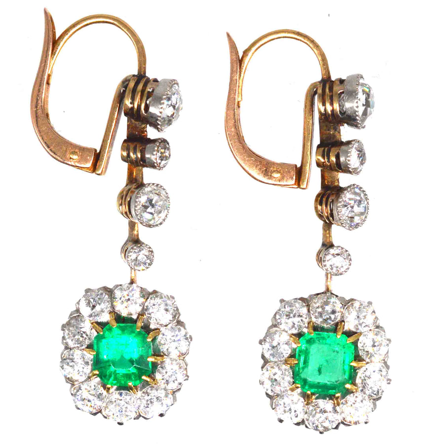 Edwardian Columbian Emerald and Diamond Cluster Drop Earrings