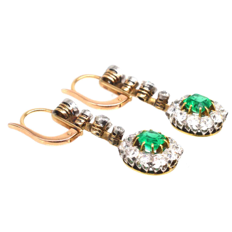 Edwardian Columbian Emerald and Diamond Cluster Drop Earrings