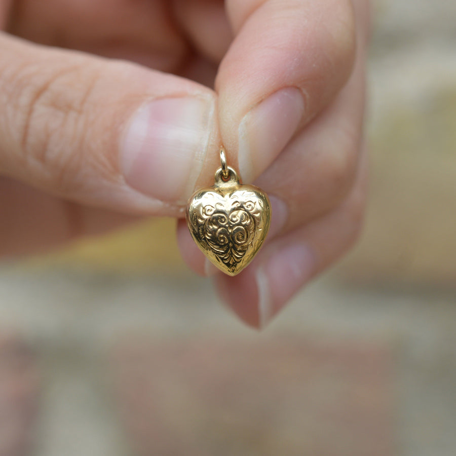 Small 1960s 9ct Gold Puffy Heart Pendant Charm with Decorated Scrolls