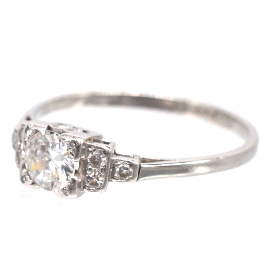 Art Deco Platinum Diamond Solitaire Ring with Diamond Shoulders