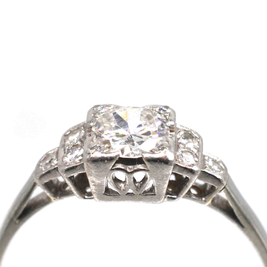 Art Deco Platinum Diamond Solitaire Ring with Diamond Shoulders