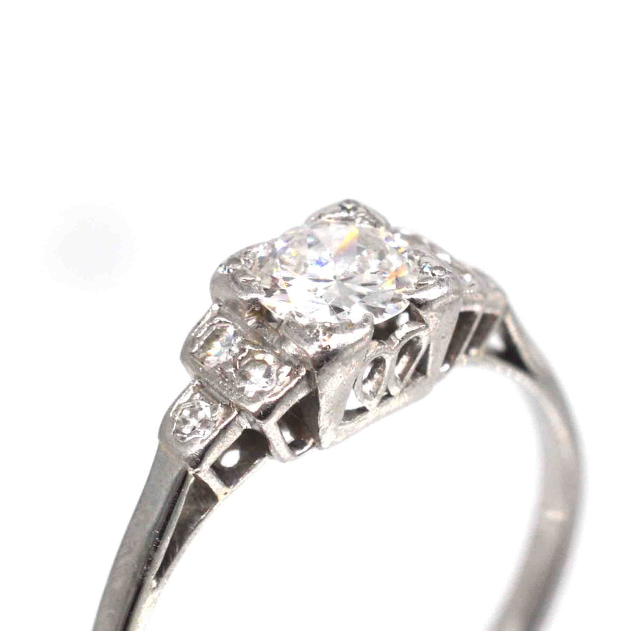 Art Deco Platinum Diamond Solitaire Ring with Diamond Shoulders