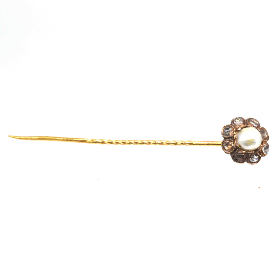 19th Century 18ct Gold Natural Pearl and Rose Cut Diamonds Cluster Tie Pin