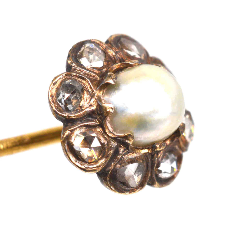 19th Century 18ct Gold Natural Pearl and Rose Cut Diamonds Cluster Tie Pin