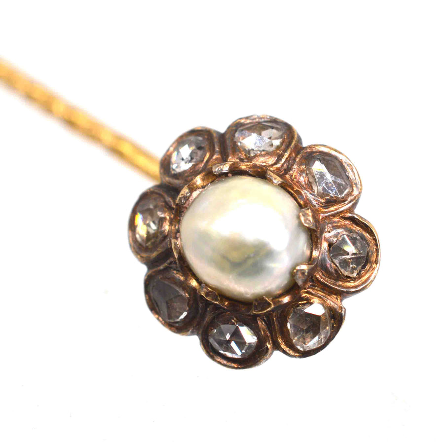 19th Century 18ct Gold Natural Pearl and Rose Cut Diamonds Cluster Tie Pin