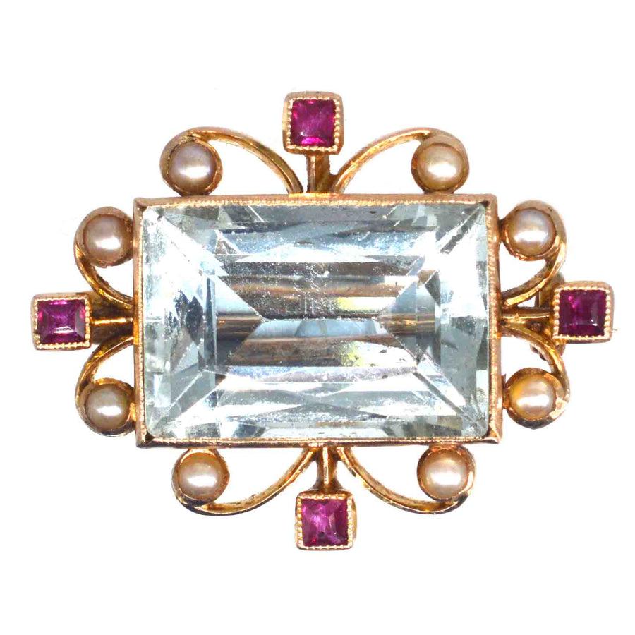 Edwardian 18ct Gold Aquamarine, Ruby and Pearl Brooch