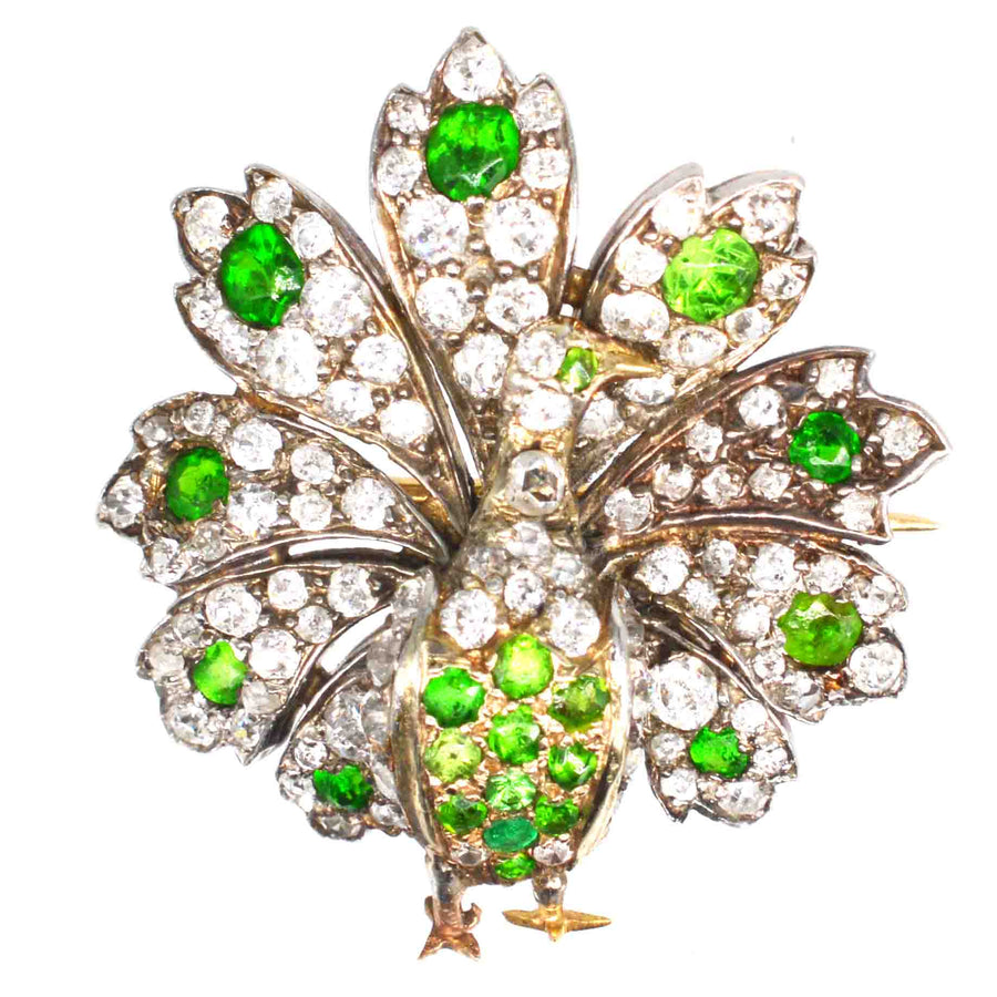 French Belle Epoque 18ct Gold Green Garnet Peacock Brooch and Pendant