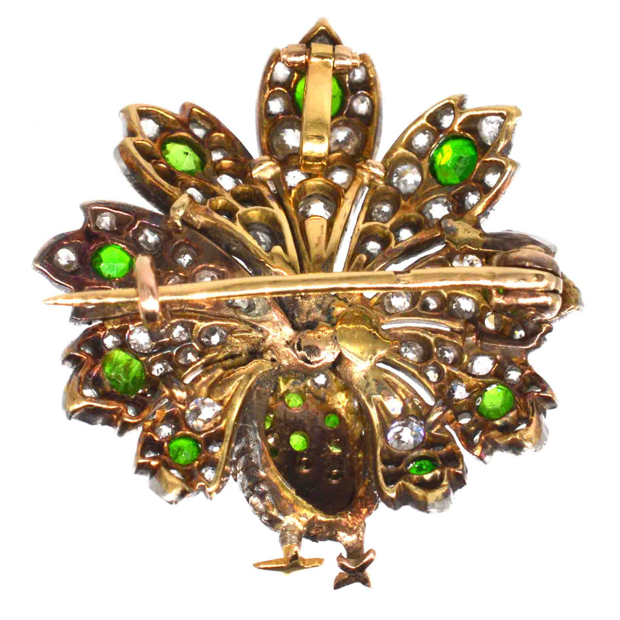 French Belle Epoque 18ct Gold Green Garnet Peacock Brooch and Pendant