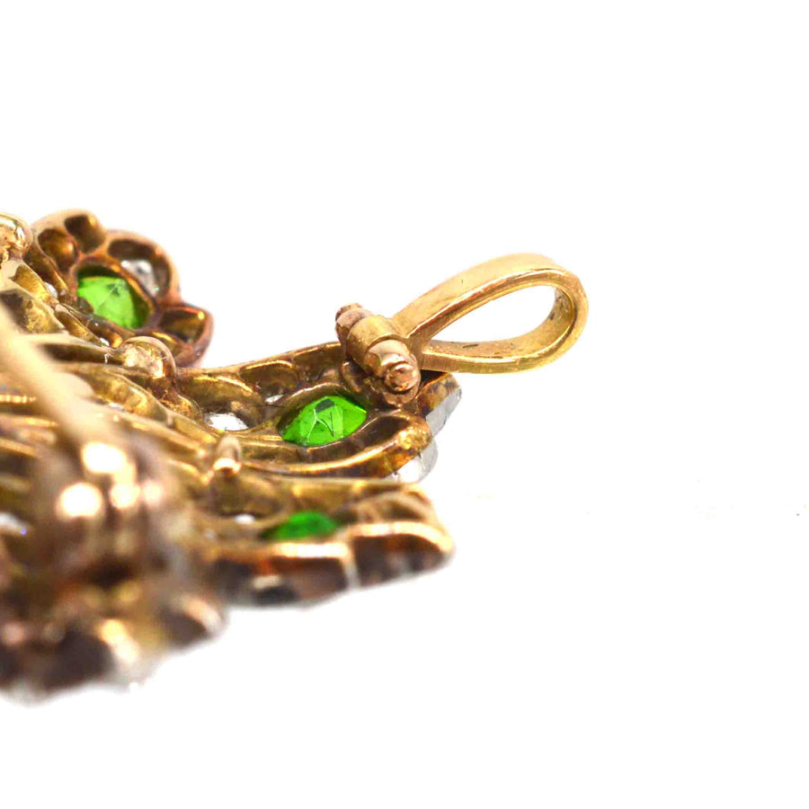 French Belle Epoque 18ct Gold Green Garnet Peacock Brooch and Pendant