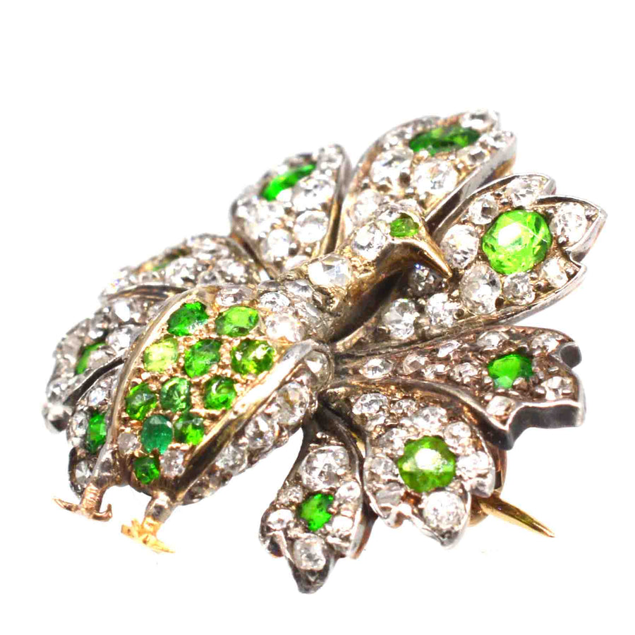 French Belle Epoque 18ct Gold Green Garnet Peacock Brooch and Pendant