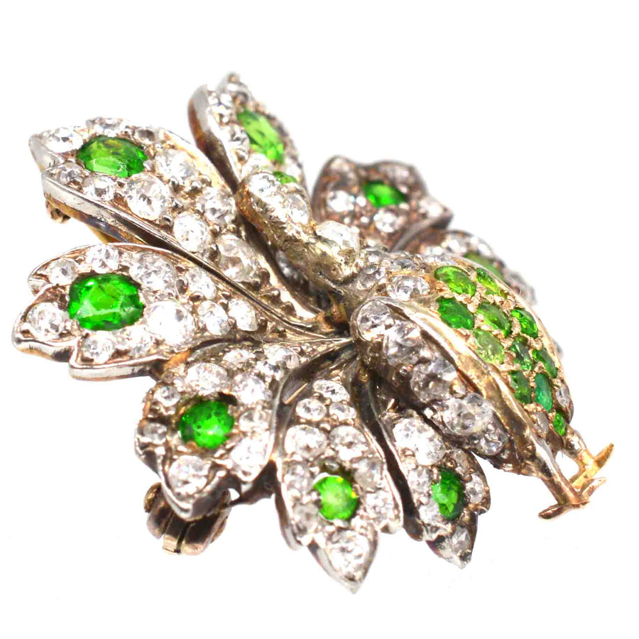 French Belle Epoque 18ct Gold Green Garnet Peacock Brooch and Pendant