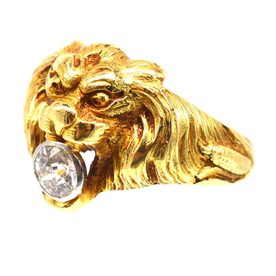 French Art Nouveau 18ct Gold Roaring Lion with Diamond