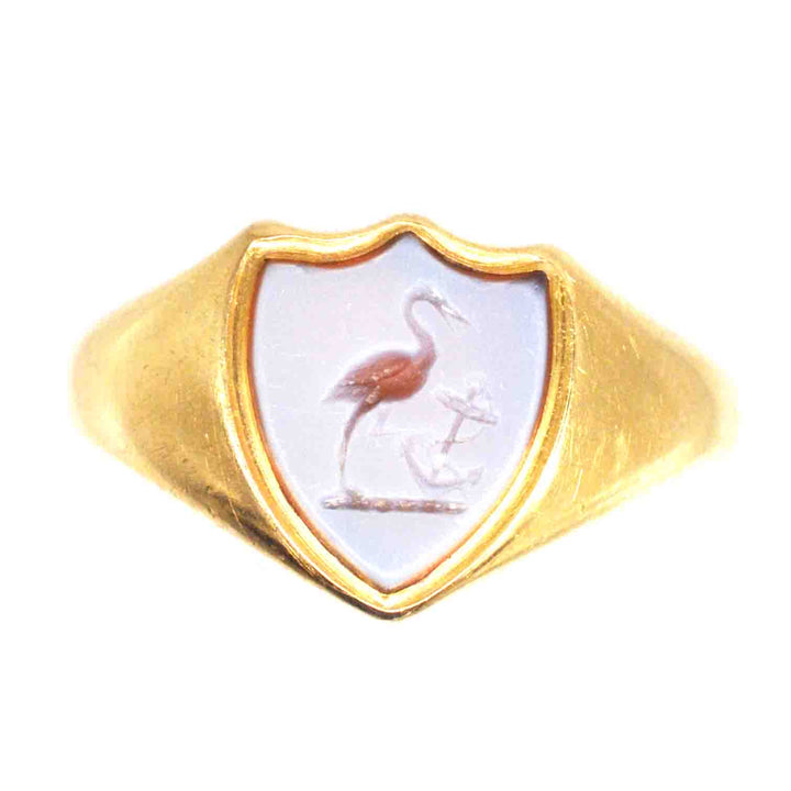 Victorian 18ct gold signet ring featuring stork and anchor intaglio on carnelian, crafted by Deakin & Francis Ltd.