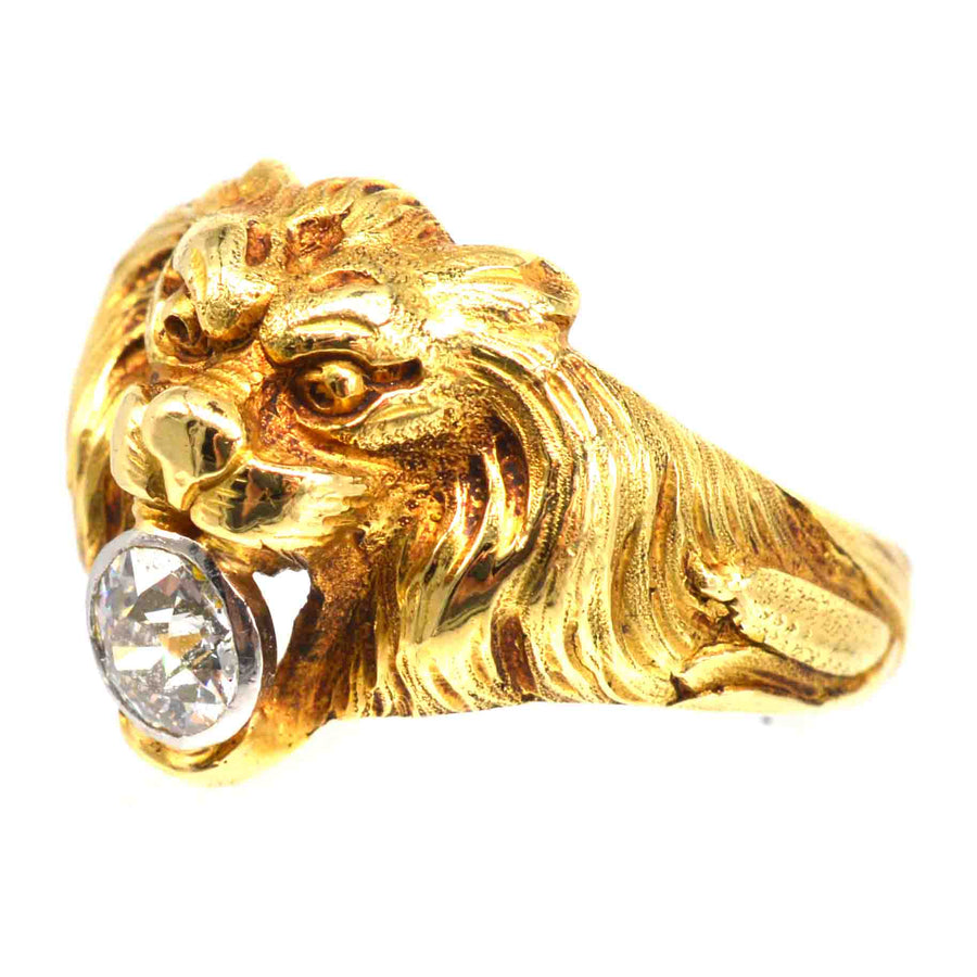 French Art Nouveau 18ct Gold Roaring Lion with Diamond