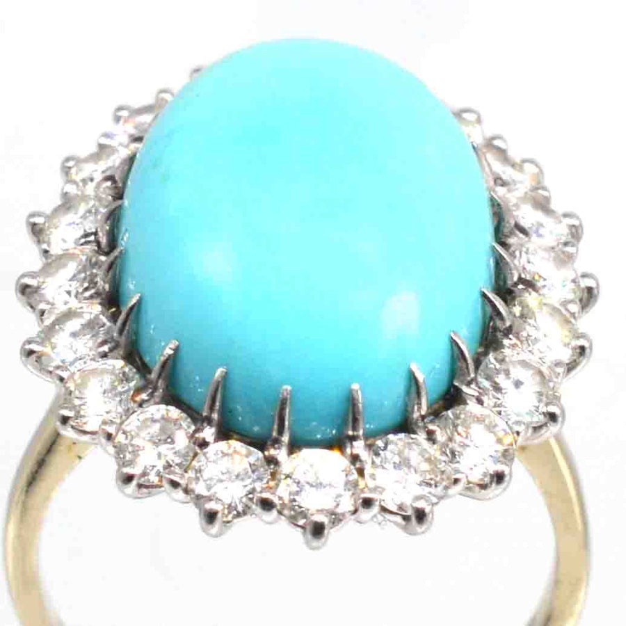 French Large Vintage Turquoise and Diamond Cluster Cocktail Ring