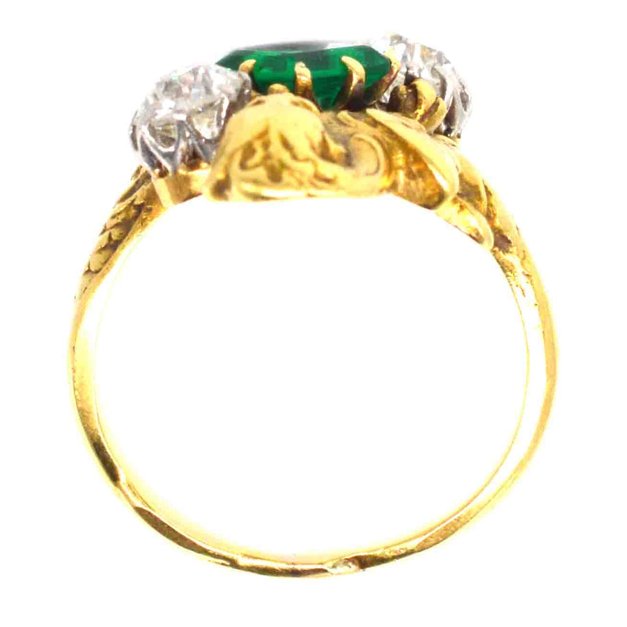 French Art Nouveau 18ct Gold Griffin Ring with Colombian Emerald and Diamonds