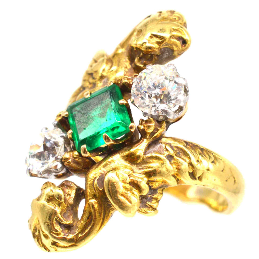 French Art Nouveau 18ct Gold Griffin Ring with Colombian Emerald and Diamonds