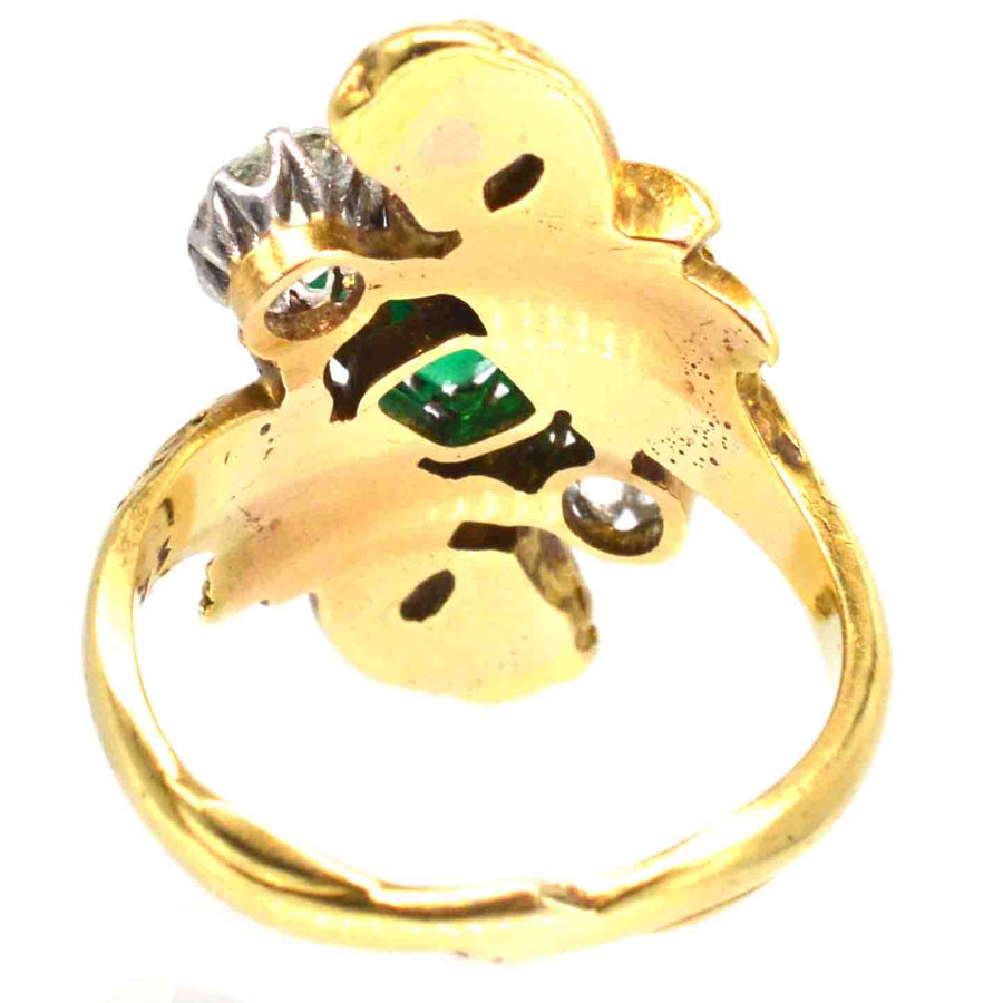 French Art Nouveau 18ct Gold Griffin Ring with Colombian Emerald and Diamonds