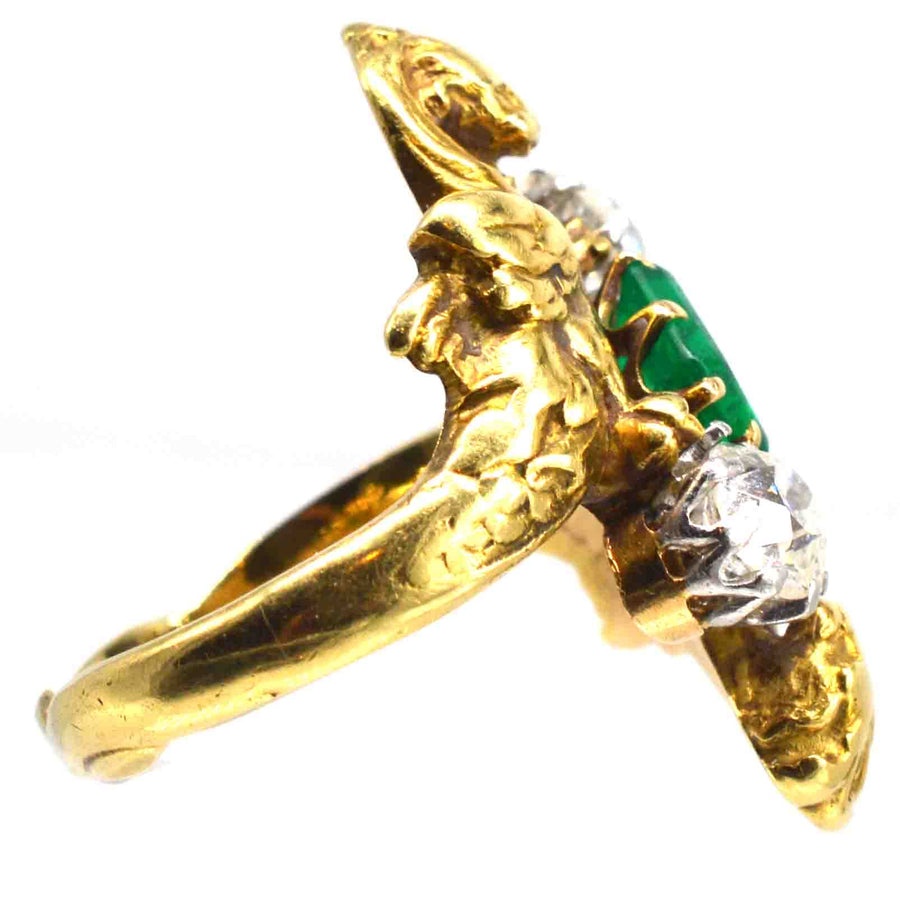 French Art Nouveau 18ct Gold Griffin Ring with Colombian Emerald and Diamonds