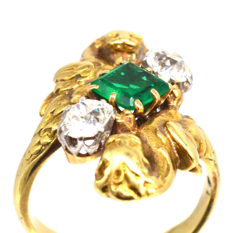 French Art Nouveau 18ct Gold Griffin Ring with Colombian Emerald and Diamonds