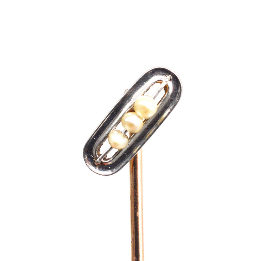 Edwardian Platinum and 15ct Gold Seed Pearl Tie Pin