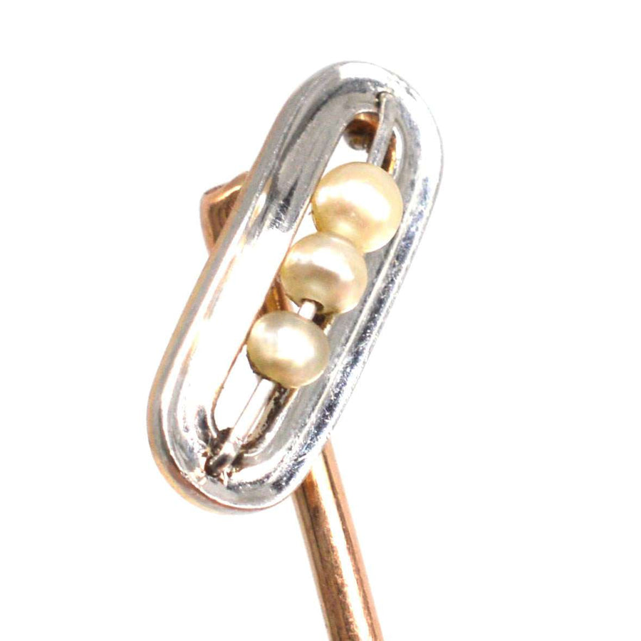 Edwardian Platinum and 15ct Gold Seed Pearl Tie Pin