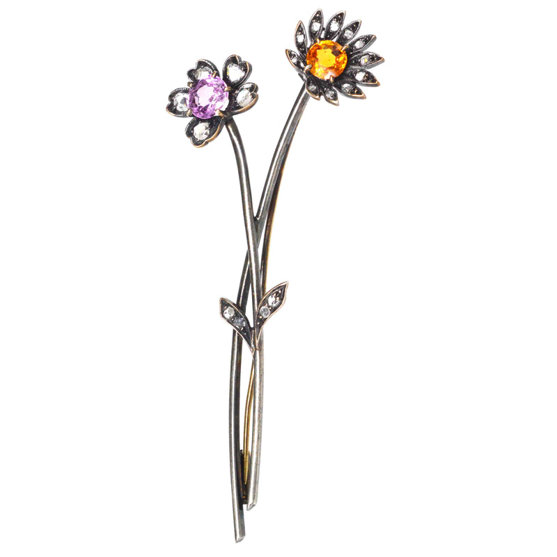 Broche florale austro-hongroise en or 14 carats, topaze et diamant rose, début du XXe siècle