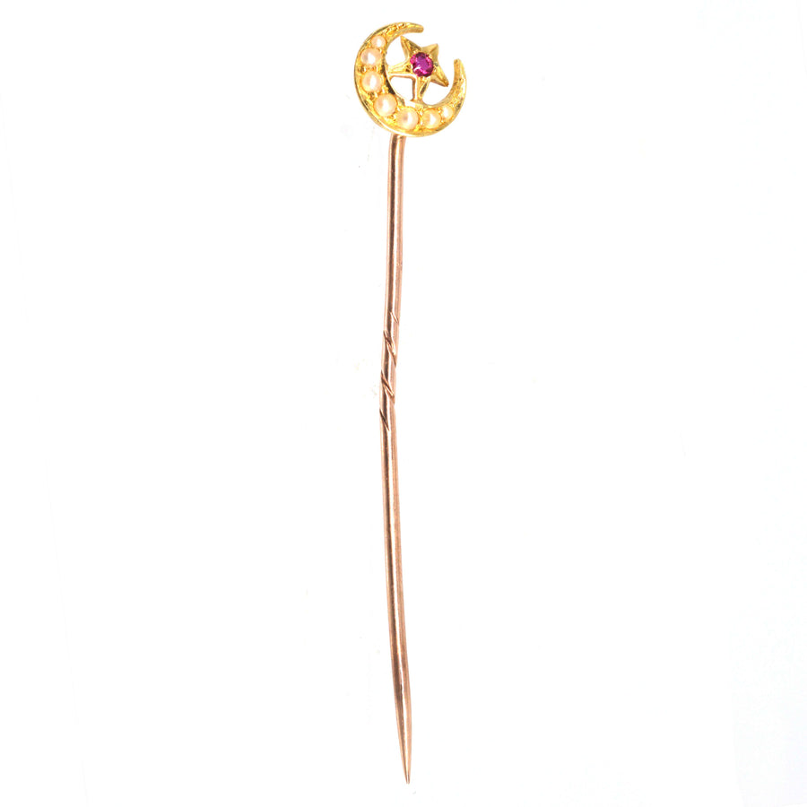 Edwardian 18ct Gold Crescent Moon and Star Tie Pin