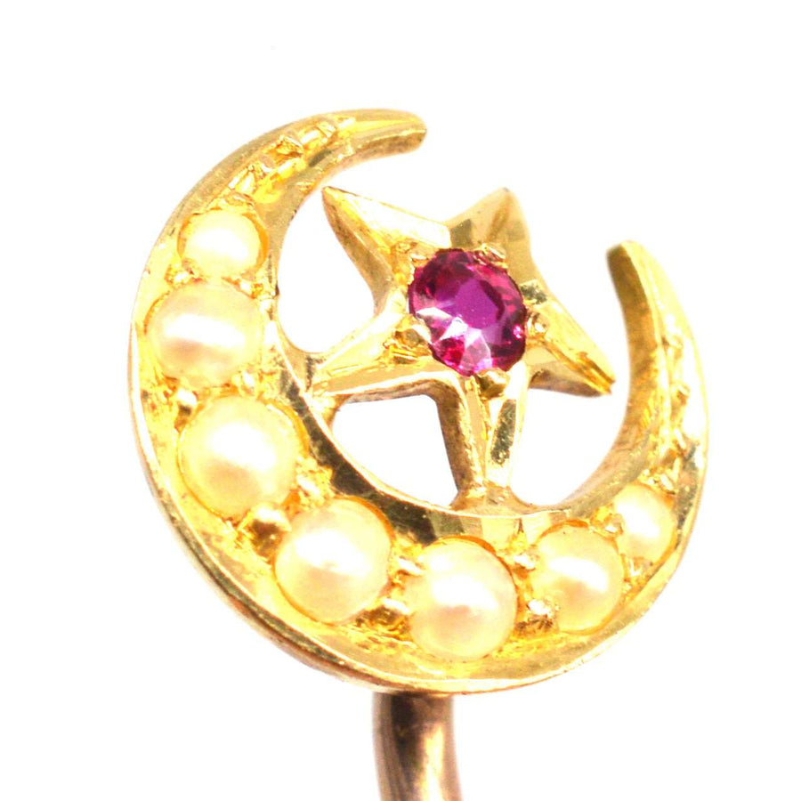 Edwardian 18ct Gold Crescent Moon and Star Tie Pin