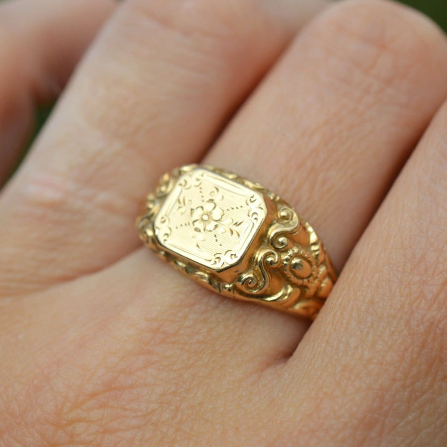 Antique French 18ct Gold Ring with Rose Details Engraved | Parkin and Gerrish | Antique & Vintage Jewellery