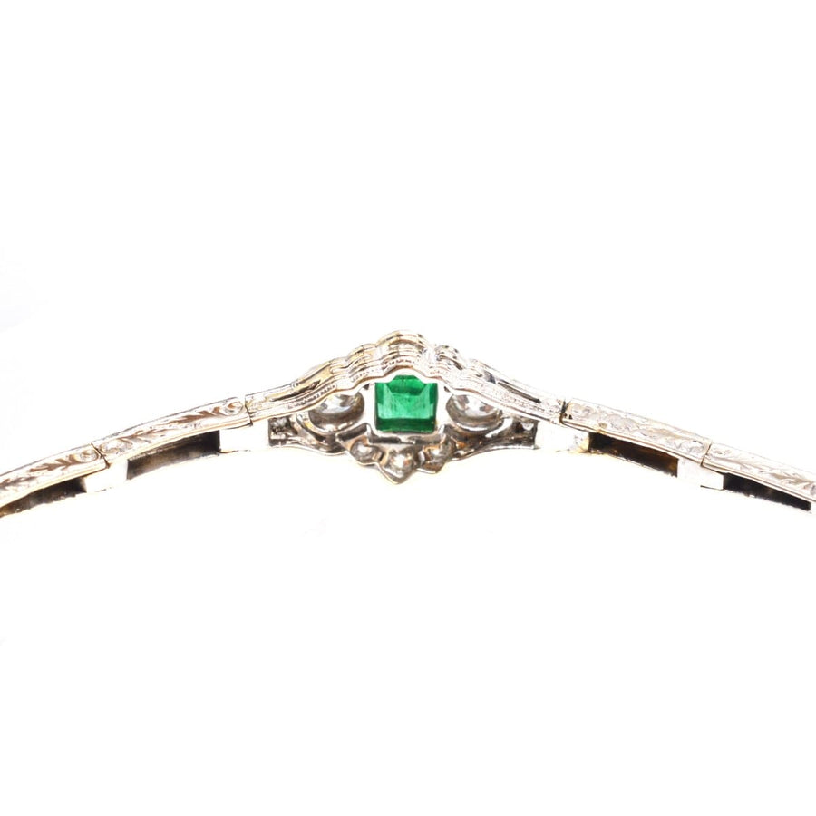 Art Deco 14ct White Gold Emerald and Diamond Three Stone Bracelet | Parkin and Gerrish | Antique & Vintage Jewellery