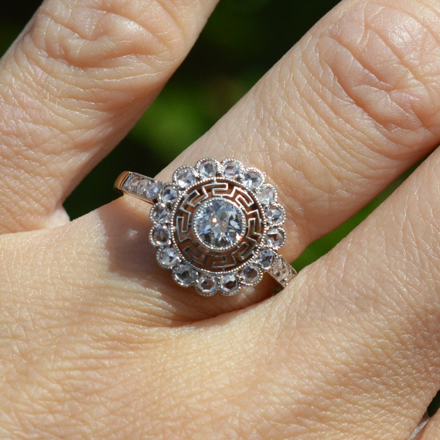 Art Deco 18ct Gold and Platinum Target Diamond Ring with Greek Key Details | Parkin and Gerrish | Antique & Vintage Jewellery
