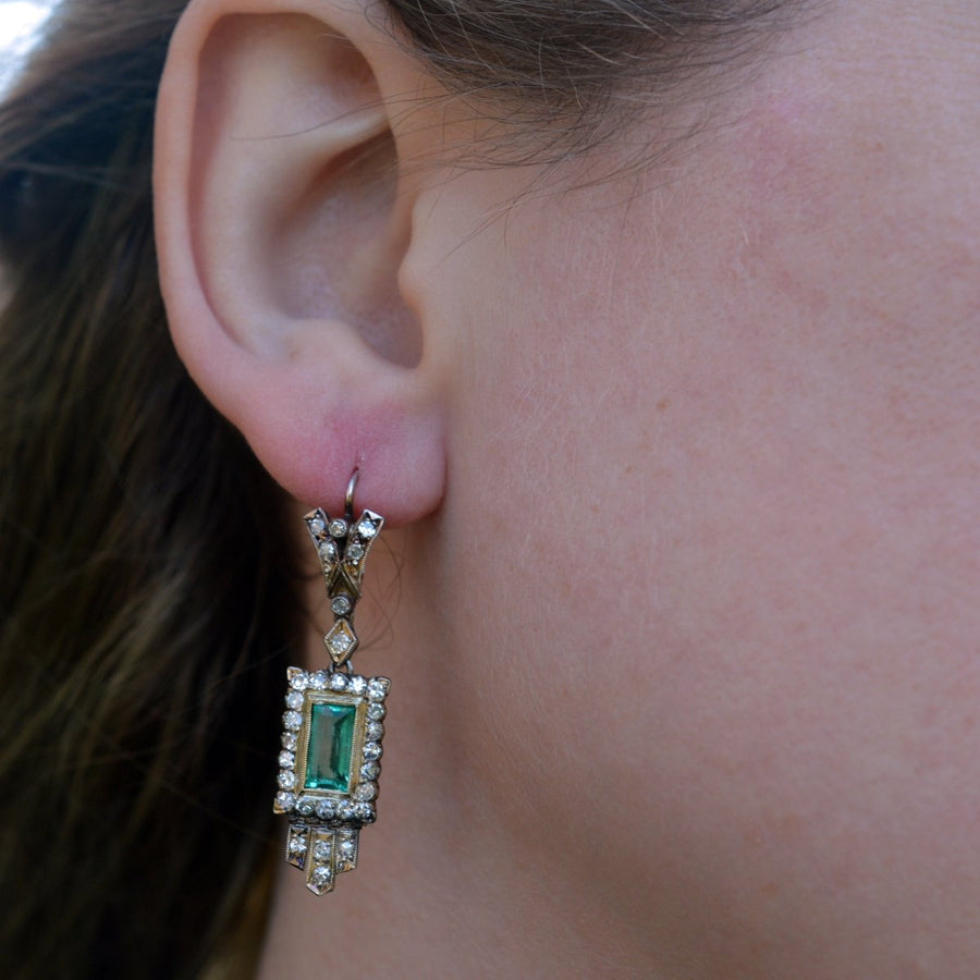 Art Deco 18ct Gold Emerald and Diamond Drop Earrings | Parkin and Gerrish | Antique & Vintage Jewellery